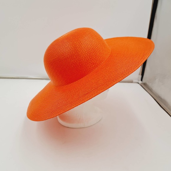 Vtg Ladies Orange Fashion Lg Wide Brim Floppy Straw Hat